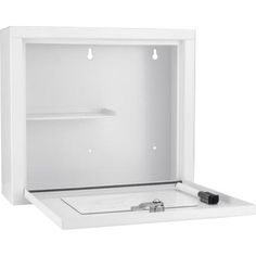 an open white box with two shelves and one door