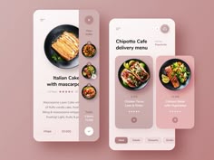 three mobile screens showing different food items on the screen and in the background, there is an app for ordering