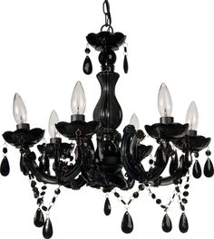 a black chandelier with five lights hanging from it's sides and drops of water on the bottom