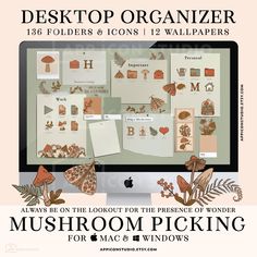 the desktop computer has many stickers on it and is displaying various items that include mushrooms