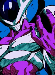 an anime character with purple and blue colors holding his arm out to the side, in front of a dark background