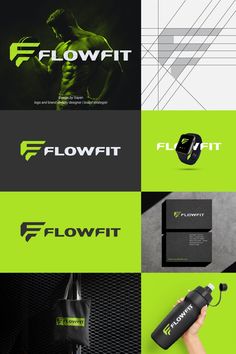 the logo for flow fit is shown in green, black and white colors with an image of