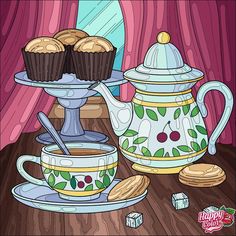 a painting of cupcakes and a teapot on a table