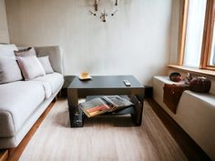 a living room with two couches and a coffee table in front of a window