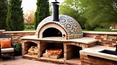 an outdoor pizza oven is built into the brick wall