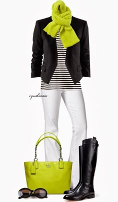 Casual Outfit. Not sure about the scarf but love everything else! Mode Ab 50, Street Mode, 50 Style, Outfit Combinations, Spring Green, Color Combo, White Pants