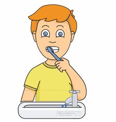 a boy brushing his teeth in front of a sink with the toothbrush in his mouth