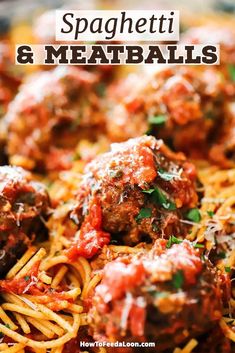 spaghetti and meatballs are in a bowl with the words spaghetti and meatballs above it