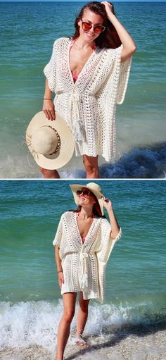 two women in white dresses and hats on the beach, one is wearing a straw hat