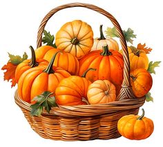 a basket filled with lots of pumpkins next to some leaves and acorns