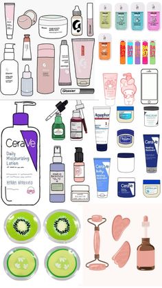 an assortment of cosmetics and personal care items are shown in this image, including hand sanitizers