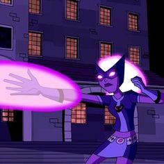 an animated character holding a glowing object in front of a building