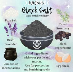 Diy Black Salt Witchcraft, Witchy Jar Ideas, How To Use Black Salt For Protection, Healing Rituals Witchcraft, Making Black Salt, Witch Bottles Recipes, Green Salt Witchcraft, Pink Himalayan Salt Witchcraft, How To Make Black Salt