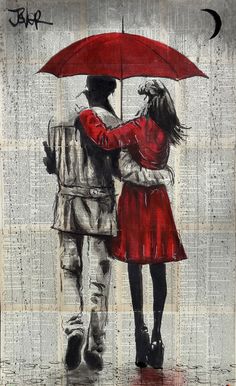 a painting of a man and woman under an umbrella, with the words love written on it