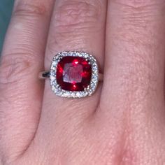 Cushion Cut Design Featuring Lab Created Rich Garnet With White Topaz On Rhodium Size 8 Value Color, Fiery Red, Buy One Get One, White Topaz, Cut Design, Cushion Cut, Womens Jewelry Rings, Lady In Red, Garnet