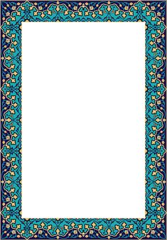 a blue and yellow frame with an ornate pattern on the bottom, in front of a white background