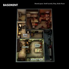 a floor plan for a small laundry shop, kitchen and living room in the basement