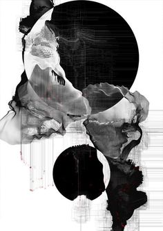 an abstract black and white painting with circles