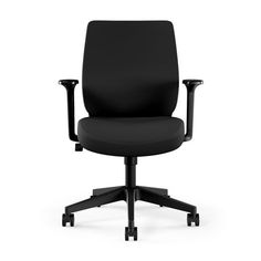 an office chair with black fabric upholstered back and arms, viewed from the front