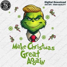 the grin face is wearing a suit and tie with words that read make christmas great again