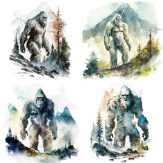 four watercolor paintings of bigfoots in the mountains