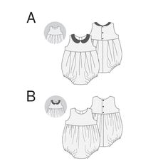 Baby Romper Sewing Pattern - PDF - Instant download There is no such thing as too many rompers! They are a fantastic piece in every little girl's wardrobe! Easier to wear than a dress - as they can still crawl around - they are perfect for babies and early walkers! Our Rosa Romper features a classic design with an empire waistline and a pleated or gathered bottom according to your preferences! The Peter Pan collar gives it a special touch - although it is also lovely without it and can be worn w Collar Sewing Pattern, Baby Romper Sewing Pattern, Romper Sewing Pattern, Baby Romper Pattern, Girls Clothes Patterns, Romper Pattern, Flat Sketches, Baby Clothes Patterns