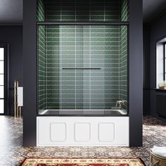 a bath room with a rug on the floor and a tub in front of it