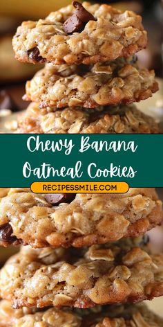 chewy banana oatmeal cookies stacked on top of each other