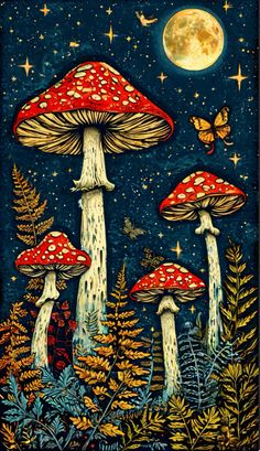 a painting of mushrooms in the woods with butterflies flying over them and a full moon behind them