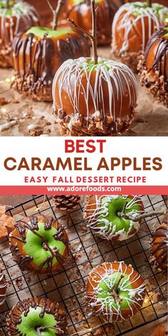 caramel apples with white icing and sprinkles are on a cooling rack