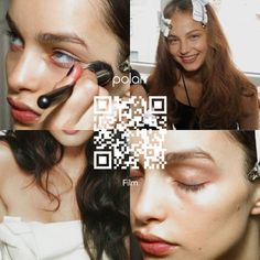 a woman is getting her make up done with qr code printed on the face