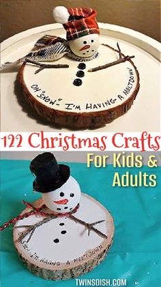 two christmas crafts for kids and adults with snowmen on the top one is made out of wood