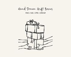 hand drawn gift boxes on white paper with black ink, and the text'hand drawn gifts boxes'above it