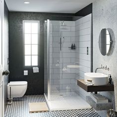 a bathroom with black and white tile flooring next to a sink, toilet and shower