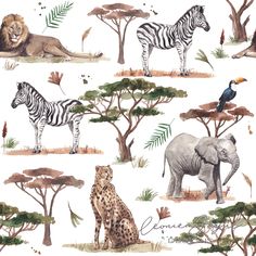 an animal themed wallpaper with zebras, lions and giraffes