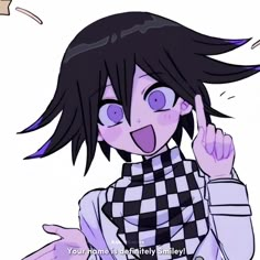 an anime character with black hair and blue eyes pointing to the side while wearing a checkered shirt