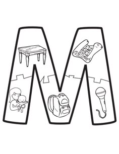 the letter m is made up of pictures and letters that are outlined in black and white