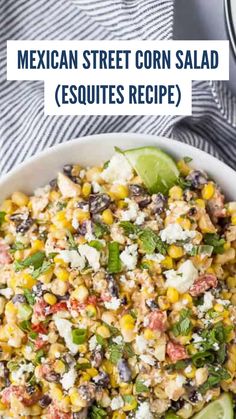 mexican street corn salad with avocado and feta cheese in a white bowl