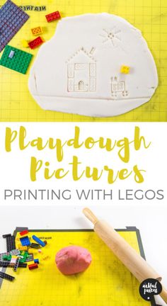 some legos are laying next to each other on a yellow surface with the words, playdough pictures printing with legos