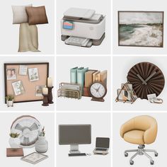 there are many different types of office items on this page, including desks and chairs