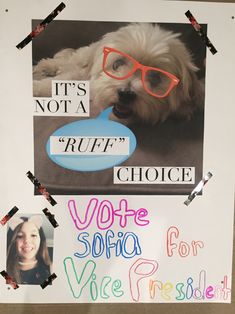 a poster with a dog wearing glasses on it's face