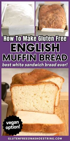 a loaf of white bread with a spongy texture with a few slices cut away and laying down on a cutting board Gluten Free English Muffins, Homemade Gluten Free Bread, English Muffin Bread, Gluten Free Lunch, Homemade Gluten Free, Dairy Free Options, English Muffin, Sandwich Bread, Gluten Free Diet