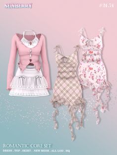 three different dresses are shown on a pink and blue background with the caption romantic core set