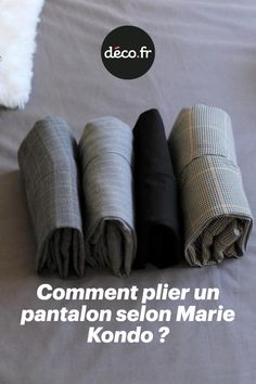 four different colored blankets on a bed with the words comment plier un pantalon selon marie kondo?