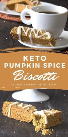 keto pumpkin spice biscotti on a wooden table with coffee in the background