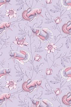 a purple and pink wallpaper with fish, flowers and leaves on the bottom half of it