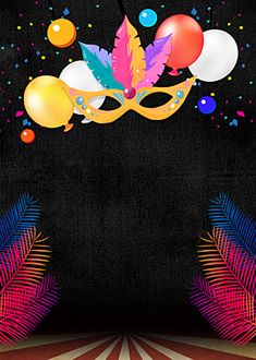 a masquerade mask with balloons and confetti in the air on a black background