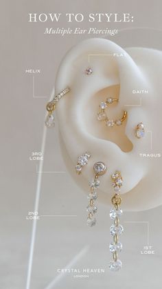 silicone ear with sparkly gold earrings Piercing Combos, Piercing Stack, Multiple Ear Piercings, Elegant Jewellery, Ear Stack, Capsule Collection, Feminine Energy