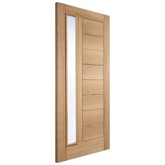 a wooden door with glass panels on the front and side panel, in an open position