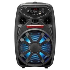 the speaker is black and has blue lights on it